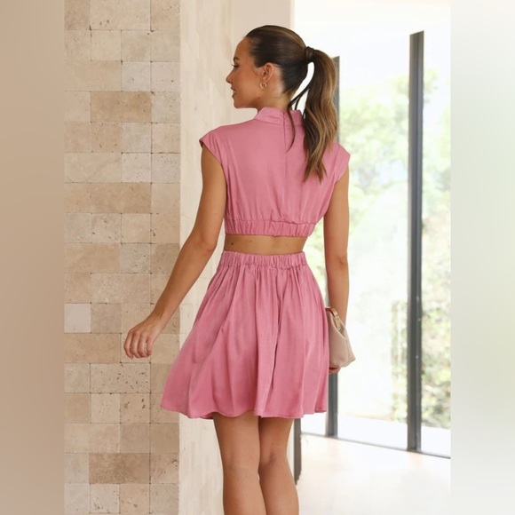 Carnation Pink Cutout Ruched Mock Neck Mini Dress - Picture 3 of 3